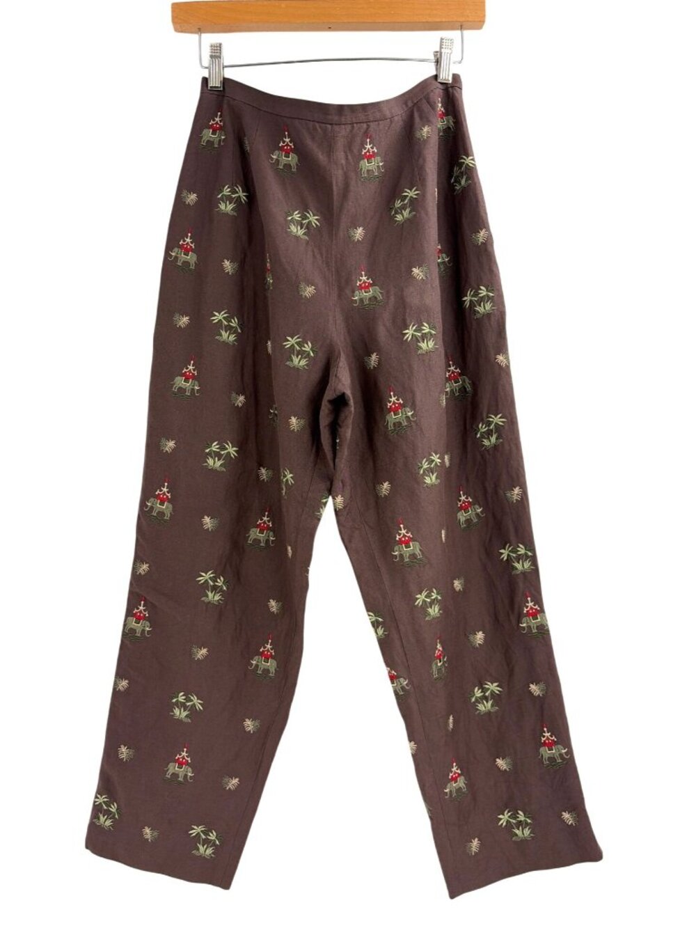 Vintage Talbots Womens 8P Silk Linen Pants Elephant Embroidered Brown Safari